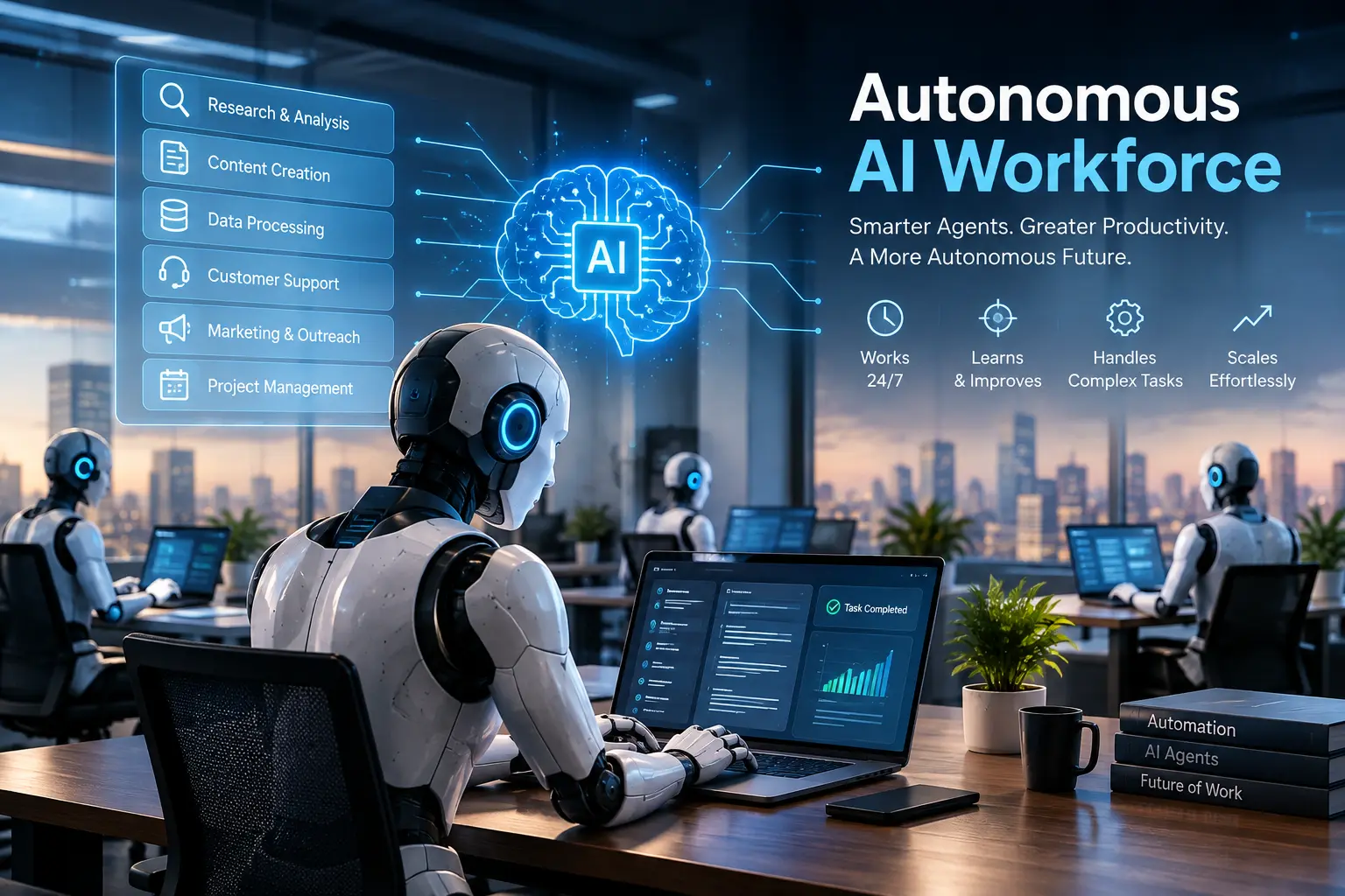 Autonomous AI workforce of digital workers handling tasks in a futuristic business office.