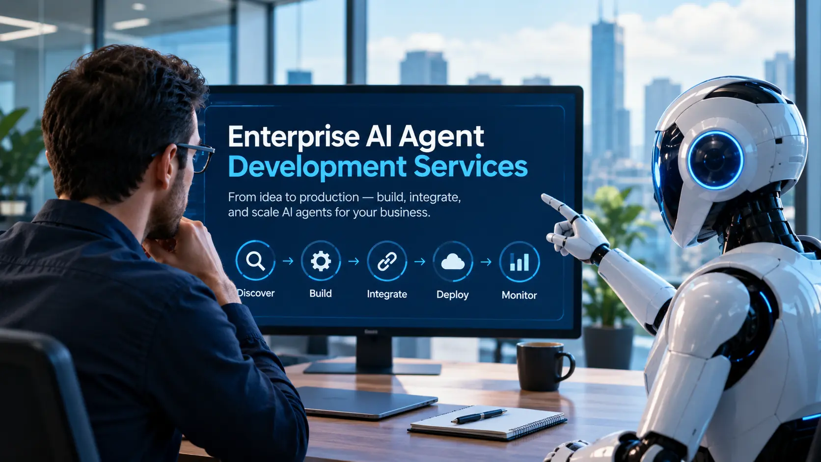 Enterprise AI agent development services shown with a human and AI robot in a futuristic business office