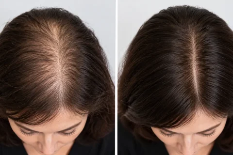 Female hair transplant in Turkey before and after comparison showing thinning hair with visible scalp and fuller, denser hair coverage.