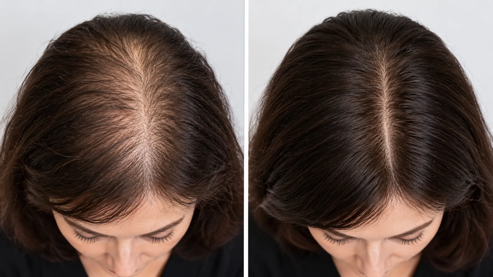Female hair transplant in Turkey before and after comparison showing thinning hair with visible scalp and fuller, denser hair coverage.