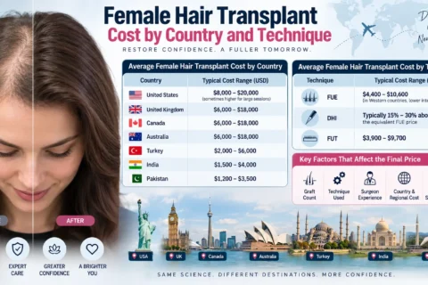 Female hair transplant cost by country and technique infographic comparing typical prices in the United States, United Kingdom, Canada, Australia, Turkey, India, and Pakistan, alongside FUE, DHI, and FUT cost ranges and key factors that influence the final treatment price.