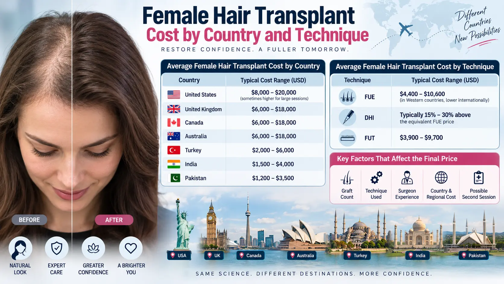 Female hair transplant cost by country and technique infographic comparing typical prices in the United States, United Kingdom, Canada, Australia, Turkey, India, and Pakistan, alongside FUE, DHI, and FUT cost ranges and key factors that influence the final treatment price.