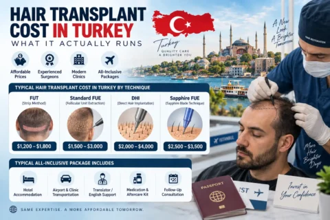 Hair Transplant Cost in Turkey infographic comparing typical prices for FUT, standard FUE, DHI, and Sapphire FUE procedures. The image shows estimated Turkey hair transplant costs ranging from $1,200 to $3,500 by technique, along with an all-inclusive package section featuring hotel accommodation, airport and clinic transportation, translator support, medication, aftercare, and follow-up consultation. A realistic hair transplant procedure and Istanbul cityscape provide visual context for medical tourism in Turkey.