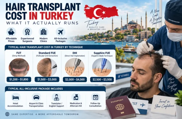 Hair Transplant Cost in Turkey infographic comparing typical prices for FUT, standard FUE, DHI, and Sapphire FUE procedures. The image shows estimated Turkey hair transplant costs ranging from $1,200 to $3,500 by technique, along with an all-inclusive package section featuring hotel accommodation, airport and clinic transportation, translator support, medication, aftercare, and follow-up consultation. A realistic hair transplant procedure and Istanbul cityscape provide visual context for medical tourism in Turkey.