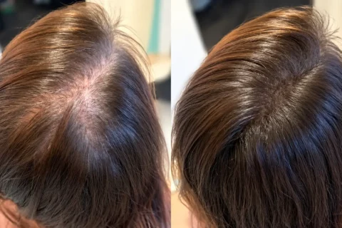 Hair Transplant for Women before and after comparison showing the crown area of a woman’s scalp with visible hair thinning and reduced density on the left, followed by noticeably fuller hair coverage on the right. The overhead close-up highlights changes in scalp visibility, hair density, and overall coverage in a realistic female hair restoration comparison.